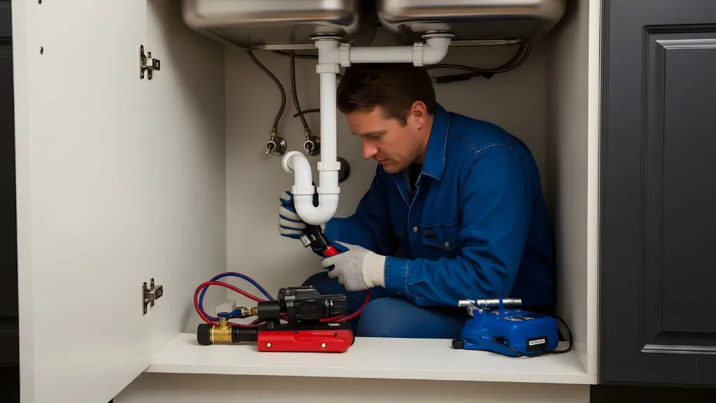 Plumber repairing pipes under a kitchen sink