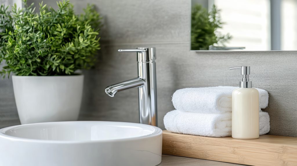 a bathroom sink with a white towel and a plant free photo