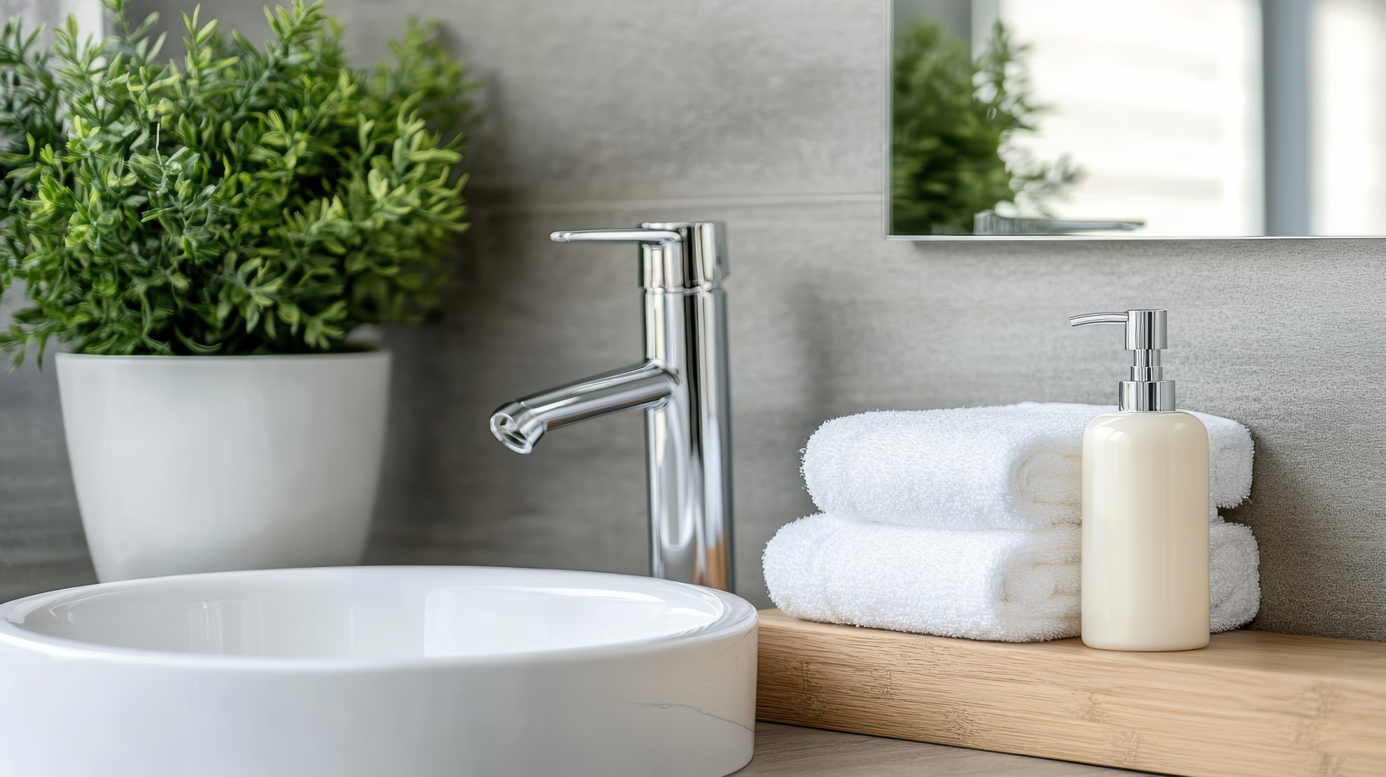 a bathroom sink with a white towel and a plant free photo